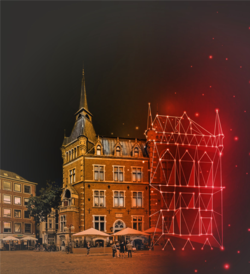 Abbildung des Alten Rathauses, das in ein digitales Muster übergeht. Foto: Mittwollen und Gradetchliev