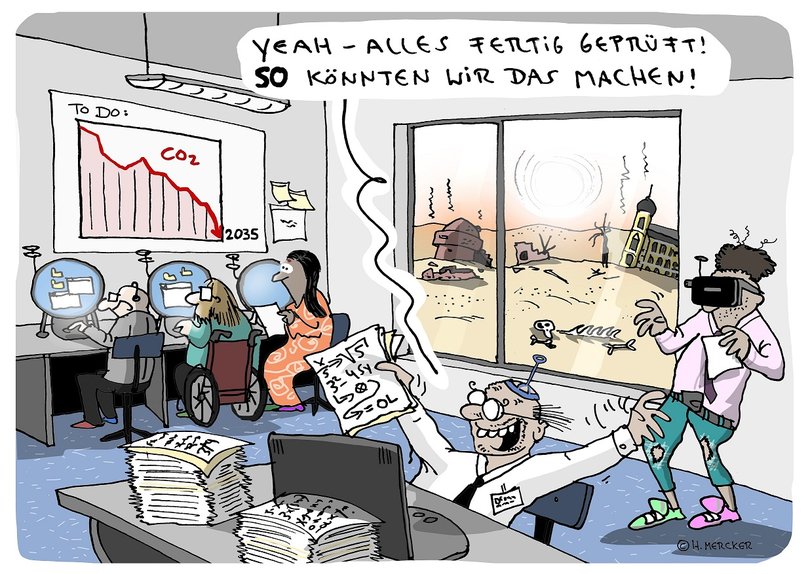 Cartoon zum Ziel Oldenburg klimaneutral 2035. Illustration: Hannes Mercker