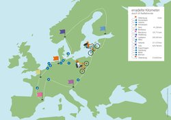 Route der virtuellen Radtour zu den fahrradfreundlichsten Städten Europas mit den Etappenzielen. Quelle: Verena Brandt/OTM/Stadt Oldenburg