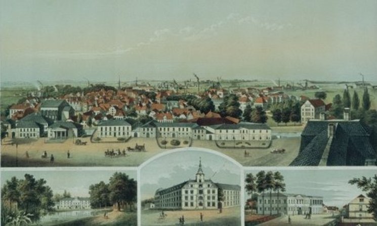 Ansicht der Stadt Oldenburg vom Schlossturm nach Norden, Carl Hertzog, Farblithografie, um 1862. Quelle: Carl Hertzog