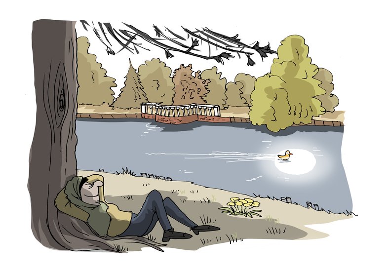 Person liegt im Schlossgarten im Schatten eines Baumes. Illustration: Hannes Mercker