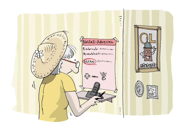 Ältere Frau vor ihrem Zettel mit Notfall-Adressen, auf dem es auch einen Kontakt  im Fall von Hitze gibt. Illustration: Hannes Mercker