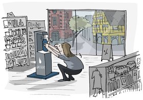 Frau benutzt in einem Geschäft am Rathaus den Wasserspender. Illustration: Hannes Mercker