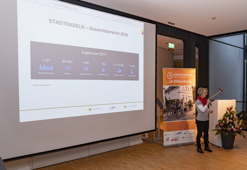 STADTRADELN-Koordinatorin Kerstin Goroncy stellt die Ergebnisse von STADTRADELN in Oldenburg vor, die auf einer Leinwand zu sehen sind. Foto: Stephan Walzl