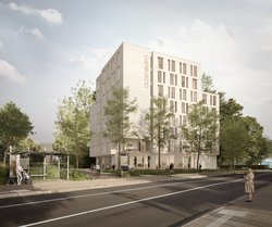 So könnte der Hotelneubau neben den Weser-Ems-Hallen aussehen. Visualisierung: Knipper Kleine Architekten