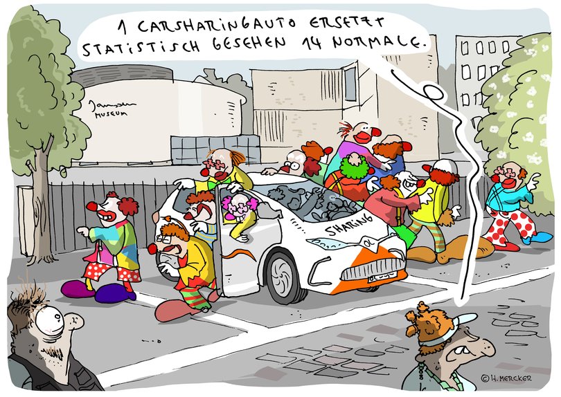 Cartoon mit Carsharing-Fahrzeug und Clowns. Quelle: H. Mercker Cartoon mit Carsharing-Fahrzeug und Clowns. Quelle: H. Mercker