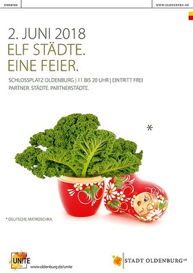 Plakatmotiv Deutsche Matroschka: eine geöffnete Matroschka-Puppe, in der ein Strauß Grünkohl steht. Gestaltung: Frau Lönne