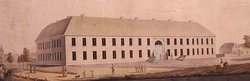 Die erste Pferdemarkt-Kaserne (an der Stelle der heutigen Landesbibliothek) 1820 Federzeichnung von H.C. Slevogt. Quelle: Stadtmuseum Oldenburg