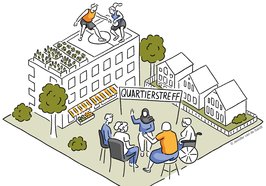 Illustration zum Thema Quartierstreff mit unterschiedlichen Bildelementen. Illustration: Jennifer van de Sandt 
