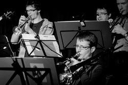 Mann mit Brille spielt Trompete in einer Band. Foto: Peter Duddeck