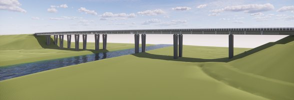 Visualisierung der geplanten Huntebrücke. Frontalansicht von Westen. Foto: Autobahn GmbH des Bundes