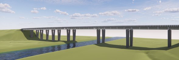 Visualisierung der geplanten Huntebrücke. Frontalansicht von Westen. Foto: Autobahn GmbH des Bundes
