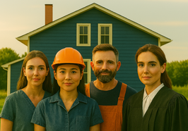 Menschen verschiedener Berufsgruppen stehen vor einem Wohnhaus. Die Szene symbolisiert den Wohnraumbedarf von Fachkräften. Foto: Stadt Oldenburg (generiert mit Copilot)