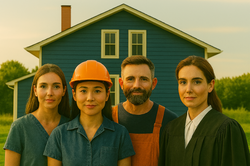 Menschen verschiedener Berufsgruppen stehen vor einem Wohnhaus. Die Szene symbolisiert den Wohnraumbedarf von Fachkräften. Foto: Stadt Oldenburg (generiert mit Copilot) Menschen verschiedener Berufsgruppen stehen vor einem Wohnhaus. Die Szene symbolisiert den Wohnraumbedarf von Fachkräften. Foto: Stadt Oldenburg (generiert mit Copilot)
