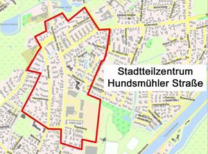 Auszug aus dem Stadtplan mit der Umgrenzung des Stadtteilzentrums Mittlere Hundsmühler Straße