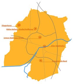 Grafik über die derzeit fünf laufenden Stadterneuerungsgebiete. Grafik: Stadt Oldenburg
