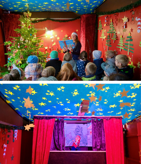 Foto einer Lesung und von einer Kasper-Vorstellung im Zelt auf dem Lamberti-Markt. Fotos: Sascha Stüber Foto einer Lesung und von einer Kasper-Vorstellung im Zelt auf dem Lamberti-Markt. Fotos: Sascha Stüber