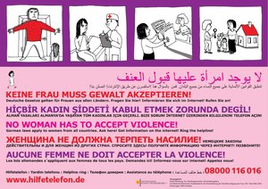 Plakat mit Hinweis auf das Hilfetelefon Gewalt gegen Frauen in mehreren Sprachen. Grafik: Bremische Zentralstelle für die Verwirklichung der Gleichberechtigung der Geschlechter