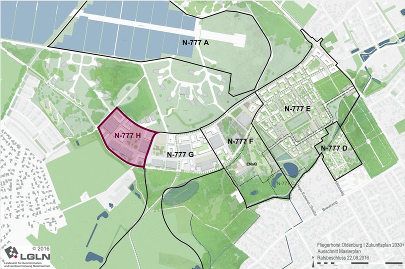 Masterplan Fliegerhorst mit markiertem Bebauungsplan N-777 H. Quelle: Machleidt/LGLN/Stadt Oldenburg
