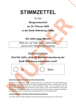 Muster-Stimmzettel für den Bürgerentscheid zur Baumschutzsatzung. Quelle: Stadt Oldenburg