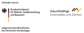 Logo: Gefördert durch das Bundesministerium für Wohnen, Stadtentwicklung und Bauwesen aufgrund eines Beschlusses des Deutschen Bundestages. Programm Zukunftsfähige Innenstädte und Zentren. Quelle: Bundesministerium für Wohnen, Stadtentwicklung und Bauwesen