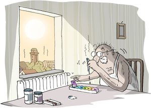 Älterer Mann, dem in seiner Medikamentenbox die Tabletten schmilzen. Illustration: Hannes Mercker 