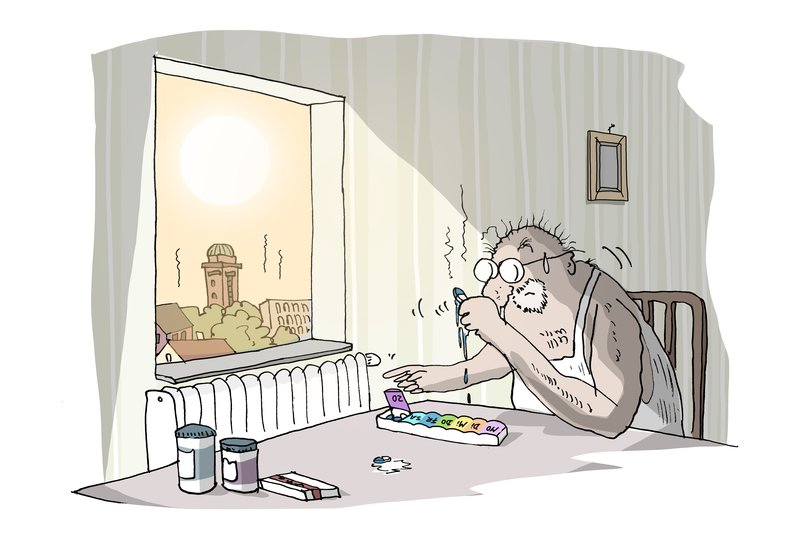 Älterer Mann, dem in seiner Medikamentenbox die Tabletten schmilzen. Illustration: Hannes Mercker 