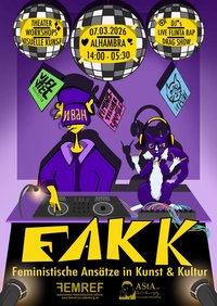 Flyer zu FAKK in lila Grundtönen mit Mischpult, Discokugeln, DJ und Katze. Grafik: Lina Acquistapace