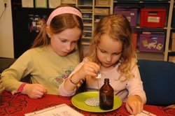 Zwei Mädchen arbeiten mit einer Pipette. Foto: Lernwerkstatt Sachunterricht