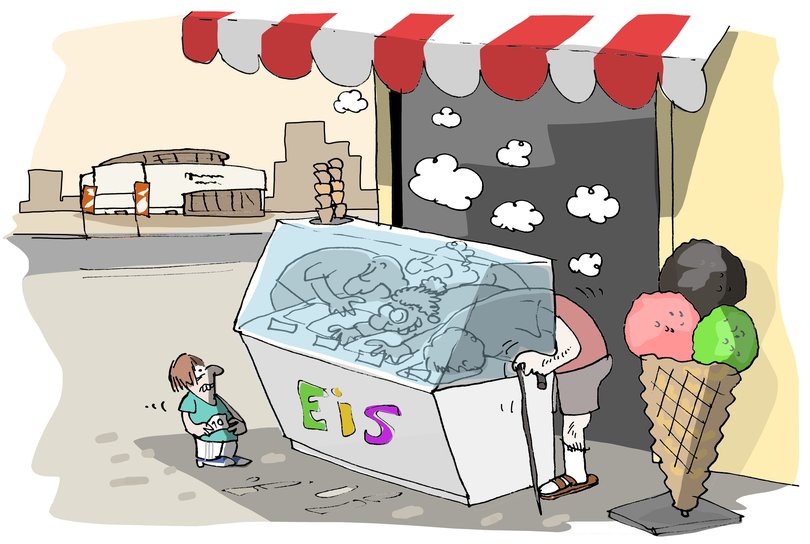 Junge vor einem Eisstand, in den Verkäuferin und Kunden hineingekrochen sind. Illustration: Hannes Mercker