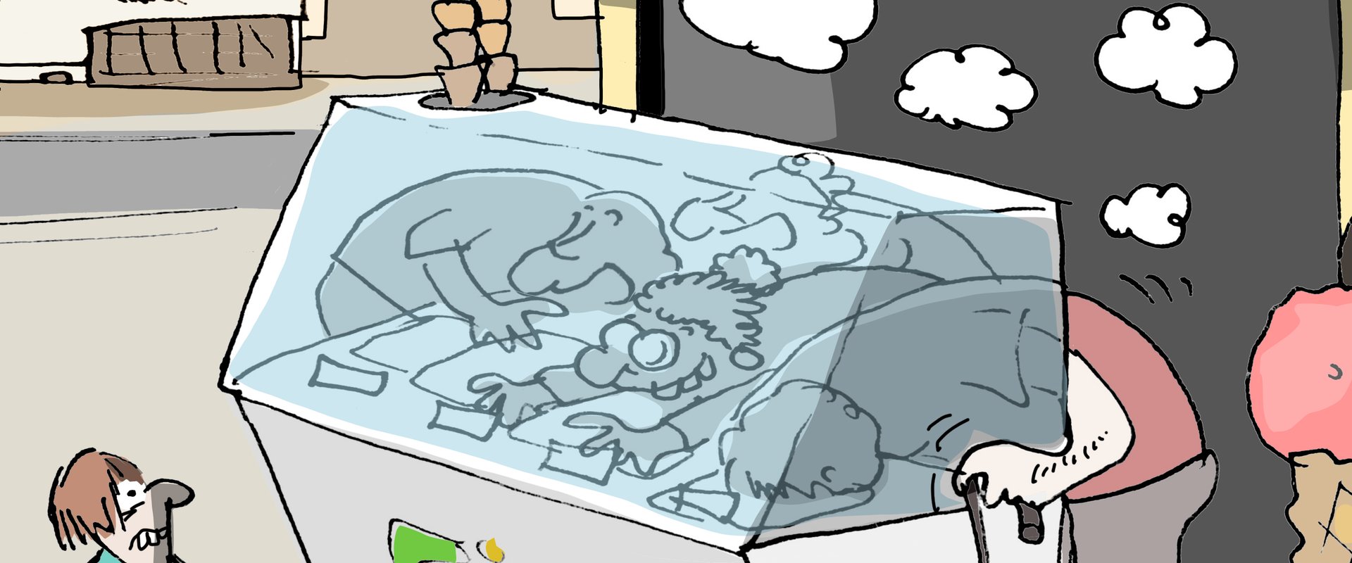 Junge vor einem Eisstand, in den Verkäuferin und Kunden hineingekrochen sind. Illustration: Hannes Mercker