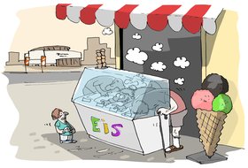 Junge vor einem Eisstand, in den Verkäuferin und Kunden hineingekrochen sind. Illustration: Hannes Mercker
