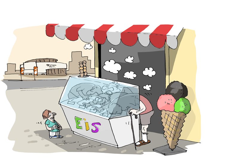 Junge vor einem Eisstand, in den Verkäuferin und Kunden hineingekrochen sind. Illustration: Hannes Mercker