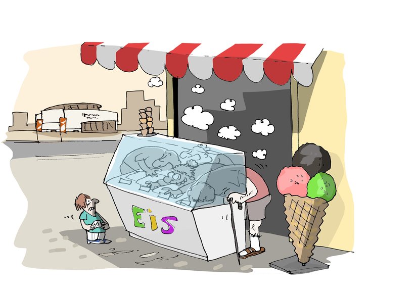 Junge vor einem Eisstand, in den Verkäuferin und Kunden hineingekrochen sind. Illustration: Hannes Mercker