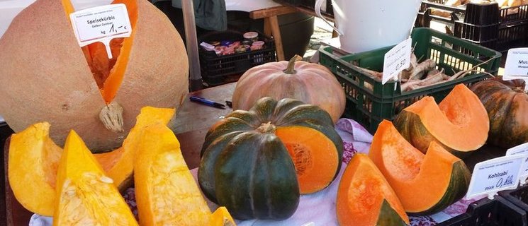 Unterschiedliche Kürbisse an einem Marktstand. Foto: Stadt Oldenburg