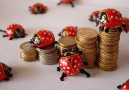 Münzstapel mit Marienkäfern darauf. Foto: Gerd Altmann/pixelio.de