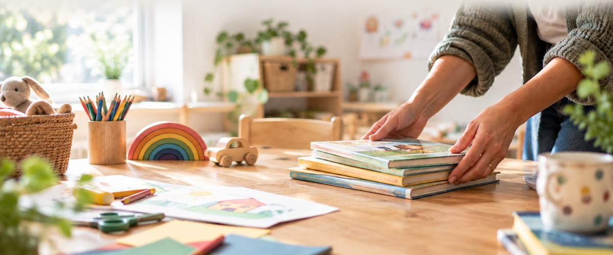 Hände die einen Tisch für die Arbeit mit Kindern vorbereiten. Foto: KI-generiert durch die Stadt Oldenburg