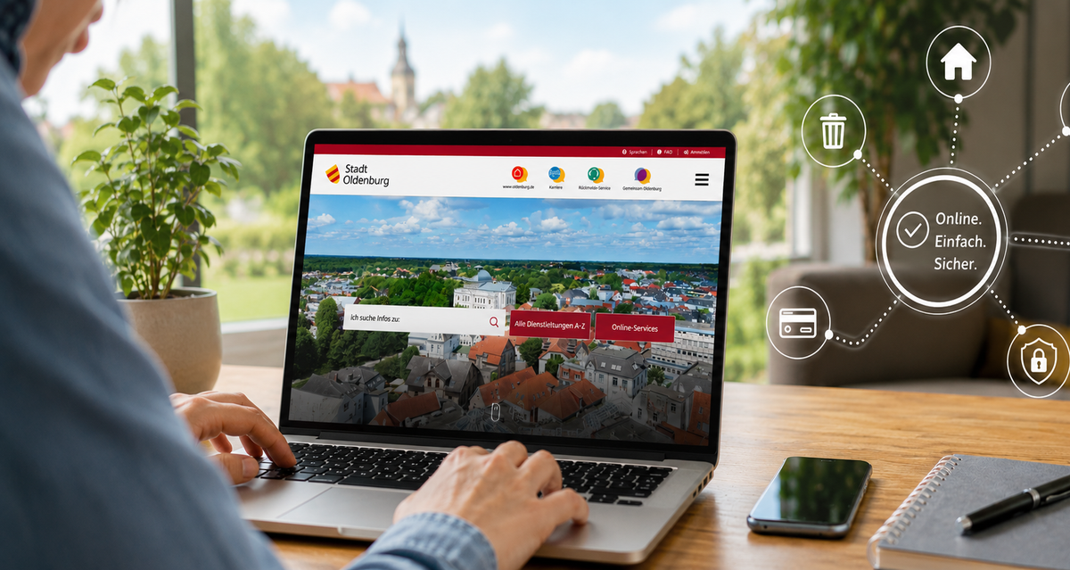 Person am Laptop mit geöffnetem Online-Service-Portal der Stadt Oldenburg