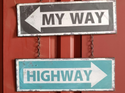 An einem roten Hintergrund hängen die Schilder „MY WAY“ und „HIGHWAY“, die jeweils in verschiedene Richtungen zeigen. Foto: Rommel Davilla