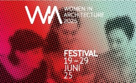 Aus Punkten zusammengesetzt schemenhafte Frauen. Schriftzug „WIA Women in Architecture 2025. Festival 19. bis 29. Juni 25“. Grafik: Anja Matzker/Kommunikations- und Grafikdesign Berlin
