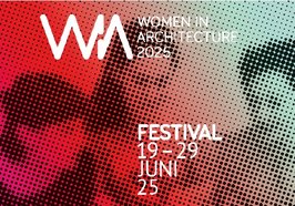 Aus Punkten zusammengesetzt schemenhafte Frauen. Schriftzug „WIA Women in Architecture 2025. Festival 19. bis 29. Juni 25“. Grafik: Anja Matzker/Kommunikations- und Grafikdesign Berlin