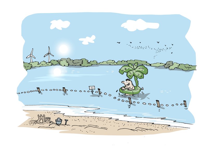 Person mit Wasserspielzeug in Palmenform im Bornhorster See. Illustration: Hannes Mercker