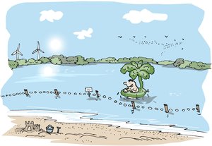 Person mit Wasserspielzeug in Palmenform im Bornhorster See. Illustration: Hannes Mercker