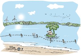 Person mit Wasserspielzeug in Palmenform im Bornhorster See. Illustration: Hannes Mercker