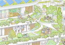 Das Bild zeigt die Illustration einer Stadt, in der viele grüne Pflanzen das Stadtbild bereichern und für eine angenehme Atmosphäre sorgen.