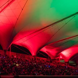 Perfekte Beleuchtung: Das Tribünendach war beim Stadionsingen am 13. Dezember in rot-grünes Licht getaucht. Foto: Sascha Stüber