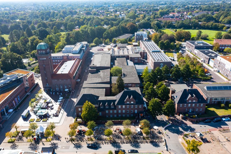 Das Quartier „Alte Fleiwa“ von oben. Hier haben Firmen aus der IT- und Technologiebranche sowie Teile der Stadtverwaltung ihren Sitz. Zudem entsteht hier das Innovationsquartier „IQON“. BTC/Oliver Diercks