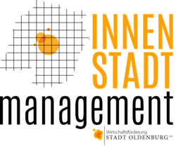 Logo des Innenstadtmanagements, Wirtschaftsförderung Stadt Oldenburg in den Farben Orange-schwarz-weiß. Quelle: Skip Advertising GmbH