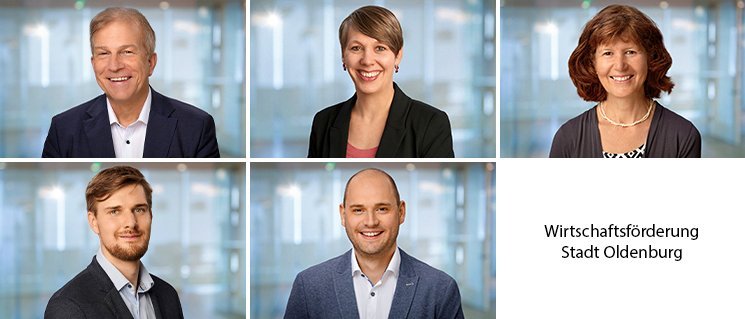 Die Mitarbeiterinnen und Mitarbeiter des Fachdienstes Regionalentwicklung bei der Wirtschaftsförderung Stadt Oldenburg. Fotos: Foto- und Bilderwerk/Collage: Stadt Oldenburg