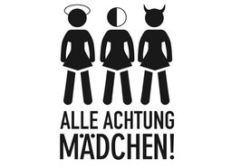 Logo des Arbeitskreis Mädchen*arbeit in Oldenburg mit drei stilisierten Mädchen jeweils mit Heiligenschein, schwarzweißem Gesicht und Teufelshörnern. Darunter der Schriftzug: „Alle Achtung Mädchen!“. Grafik: Thomas Robbers